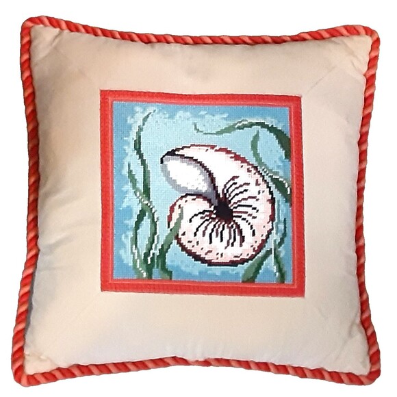 Handmade cross stitch nautilus pillow with insert Ocean Nautical Coastal Sea - Picture 3 of 4